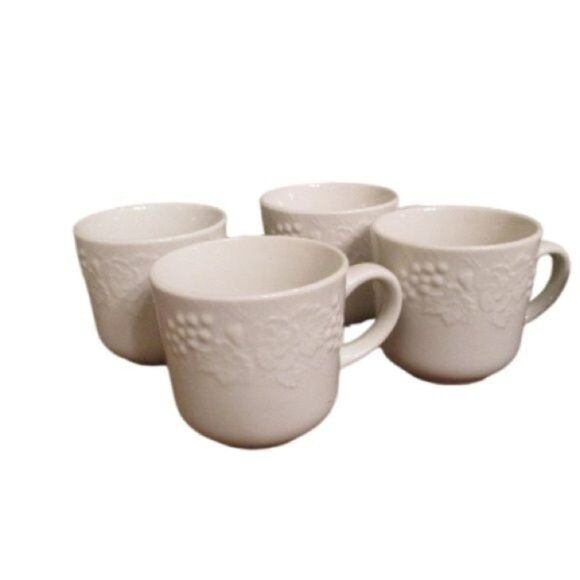 Set Of 4 White Embossed Fruit Pattern Ceramic Coffee Cups - Picture 2 of 8